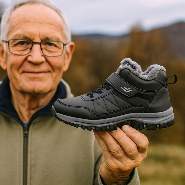 Mann mit einem gefütterten Berg-Fit Winterschuh
