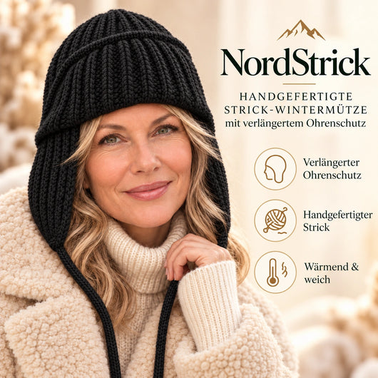 NordStrick – Handgefertigte Strick-Wintermütze mit verlängertem Ohrenschutz