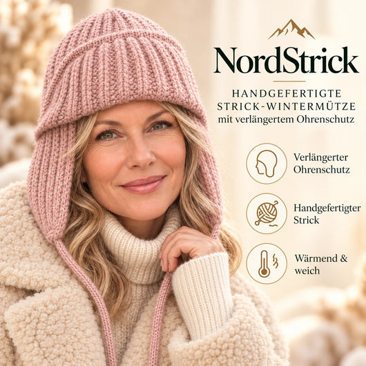 NordStrick – Handgefertigte Strick-Wintermütze mit verlängertem Ohrenschutz